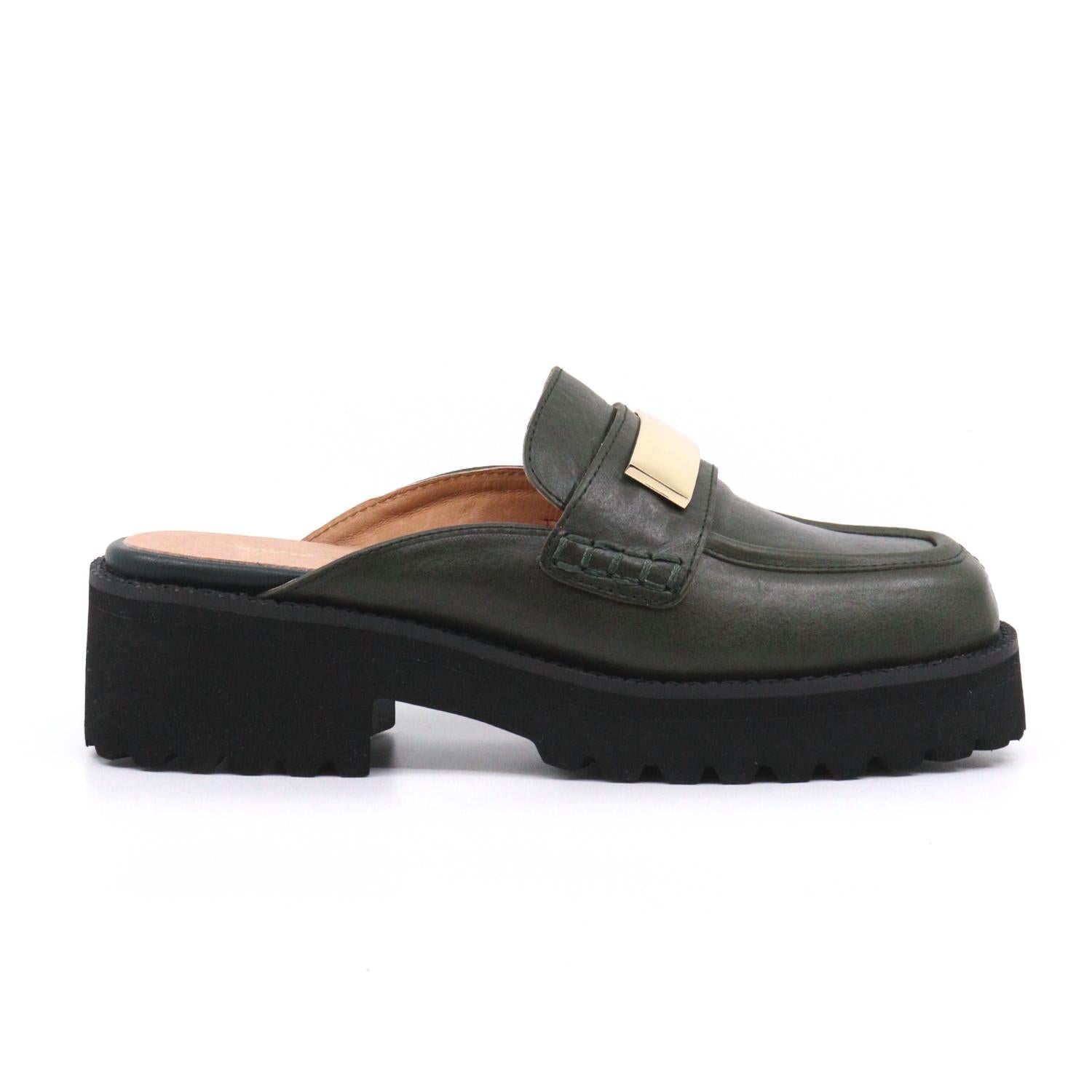 Мюли с плоской пряжкой зеленого цвета ALL BLACK