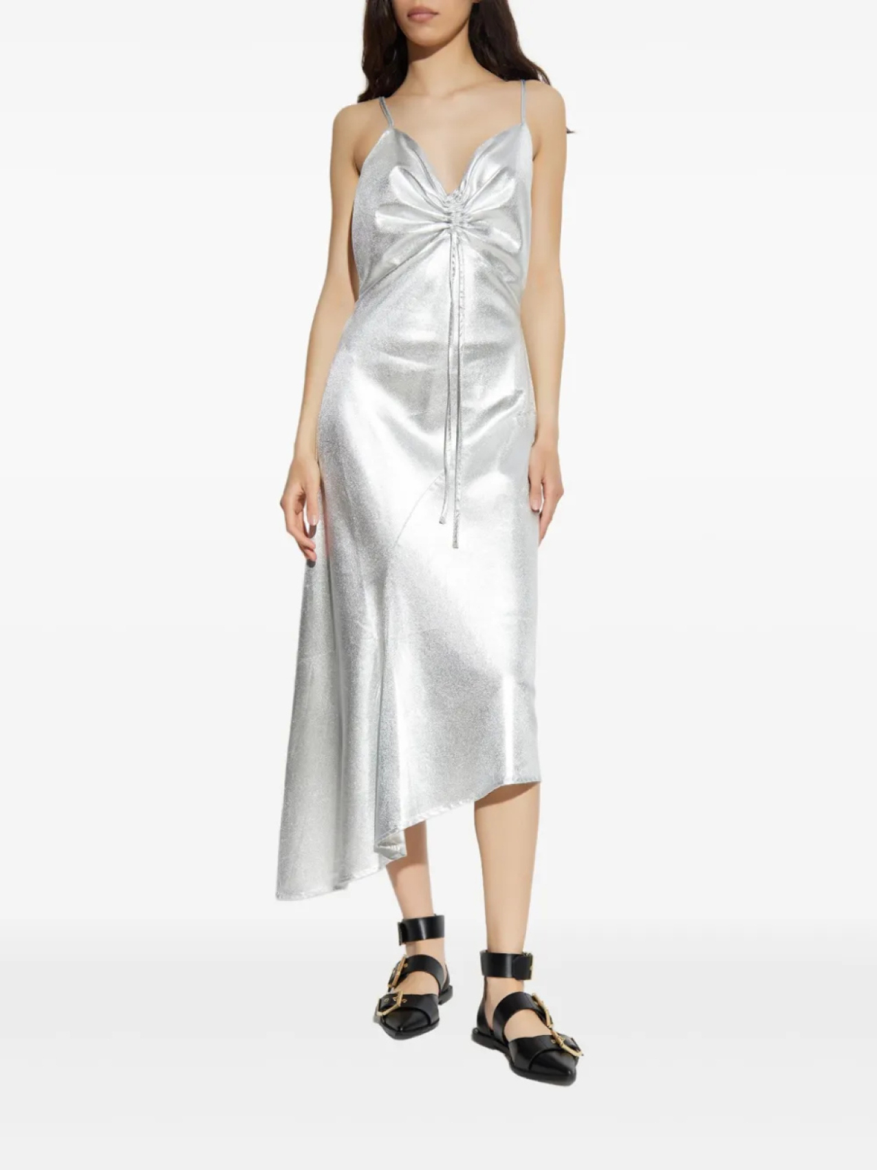 AllSaints платье-комбинация с эффектом металлик и сборками, серебряный — фото 3