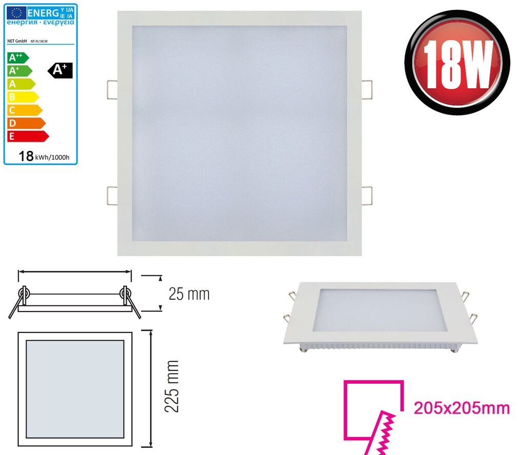 

18Вт светодиодный панельный встраиваемый точечный светильник 225х225мм точечный встраиваемый светильник теплый белый 1360 люмен потолочный светильник квадратный LED-Line