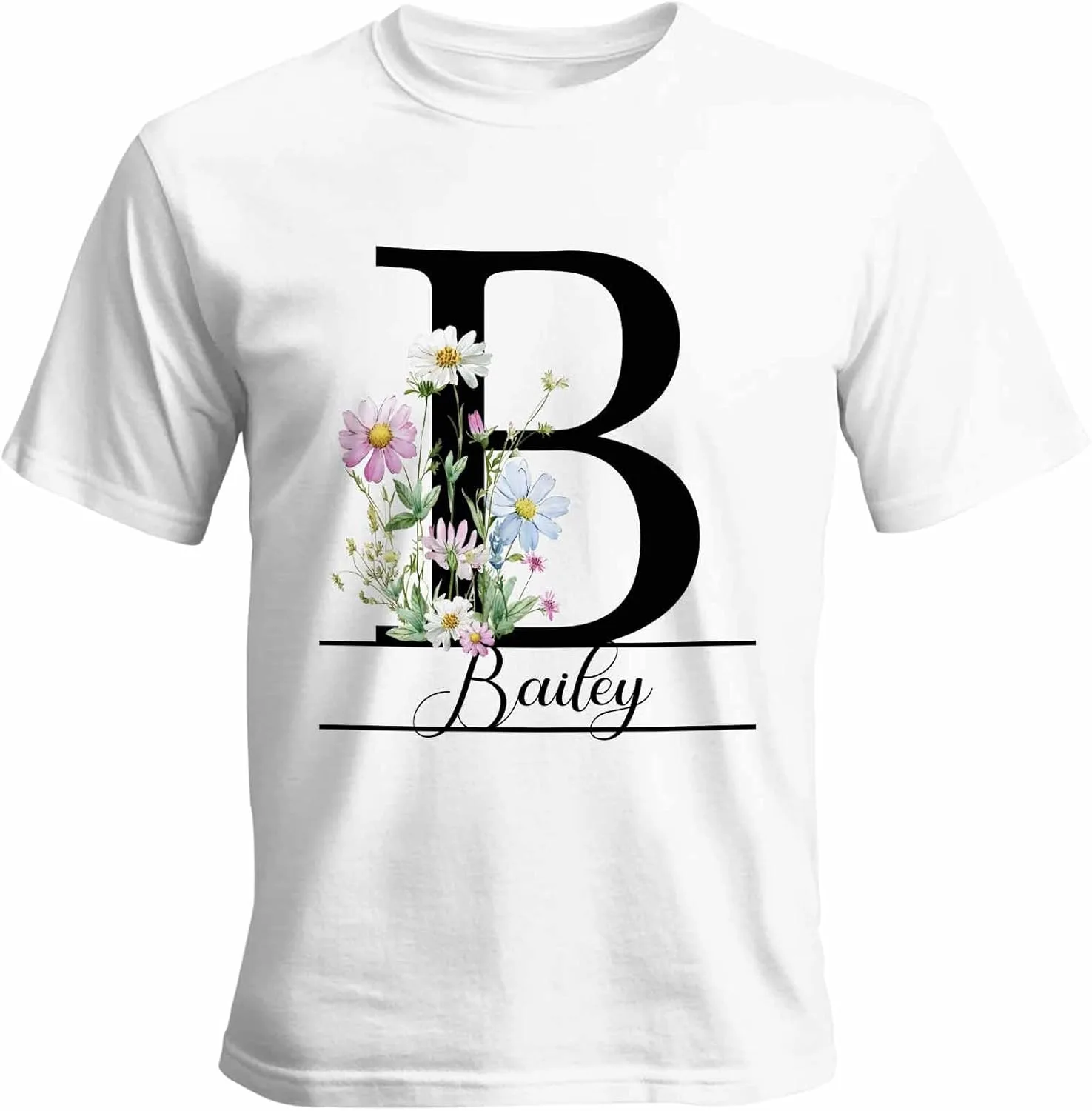 

Футболка с именем или текстом, цветы B, Unisex, Cotton, Round Neck, Monogram Vaxbryntel