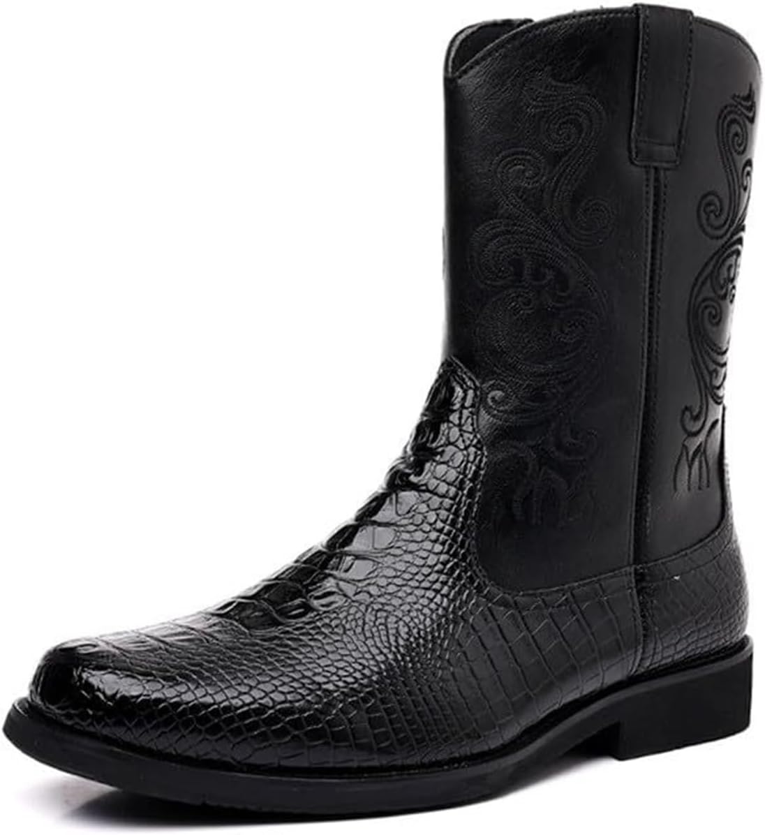 

Мужские ковбойские ботинки NSWDMA с квадратным носком, узор под крокодила, удобный круглый носок, каблук, противоскользящие, для бизнеса и официального стиля, ботинки для мужчин, черный