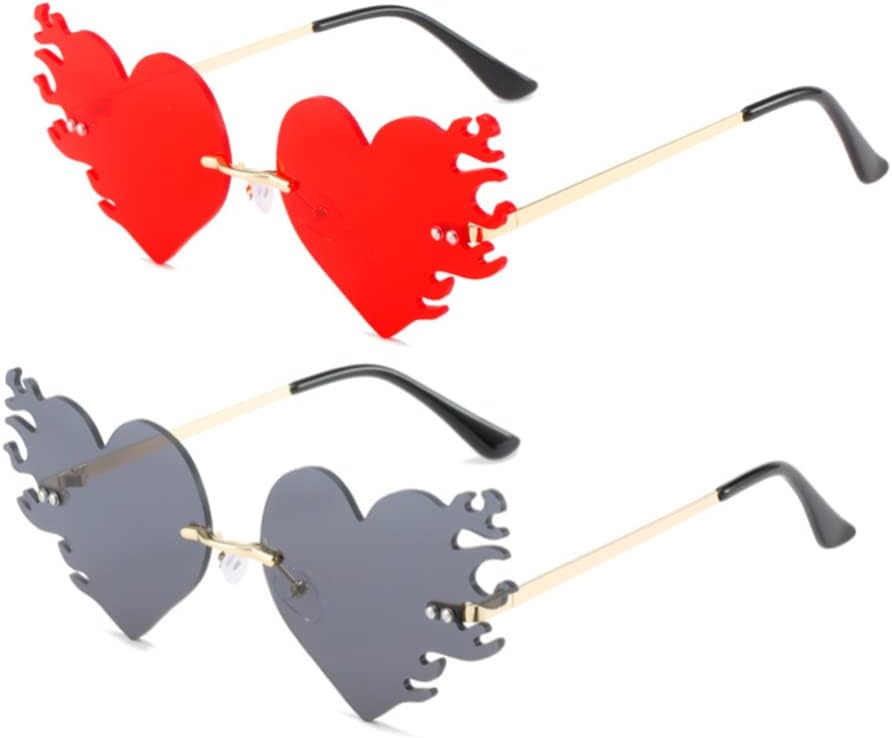 

Солнцезащитные очки ENTHYI Melting Heart Flame для женщин и мужчин. Модные очки без оправы для вечеринок и выпускных балов. Оригинальные очки с изображением сердца, огня и пламени, Black+red