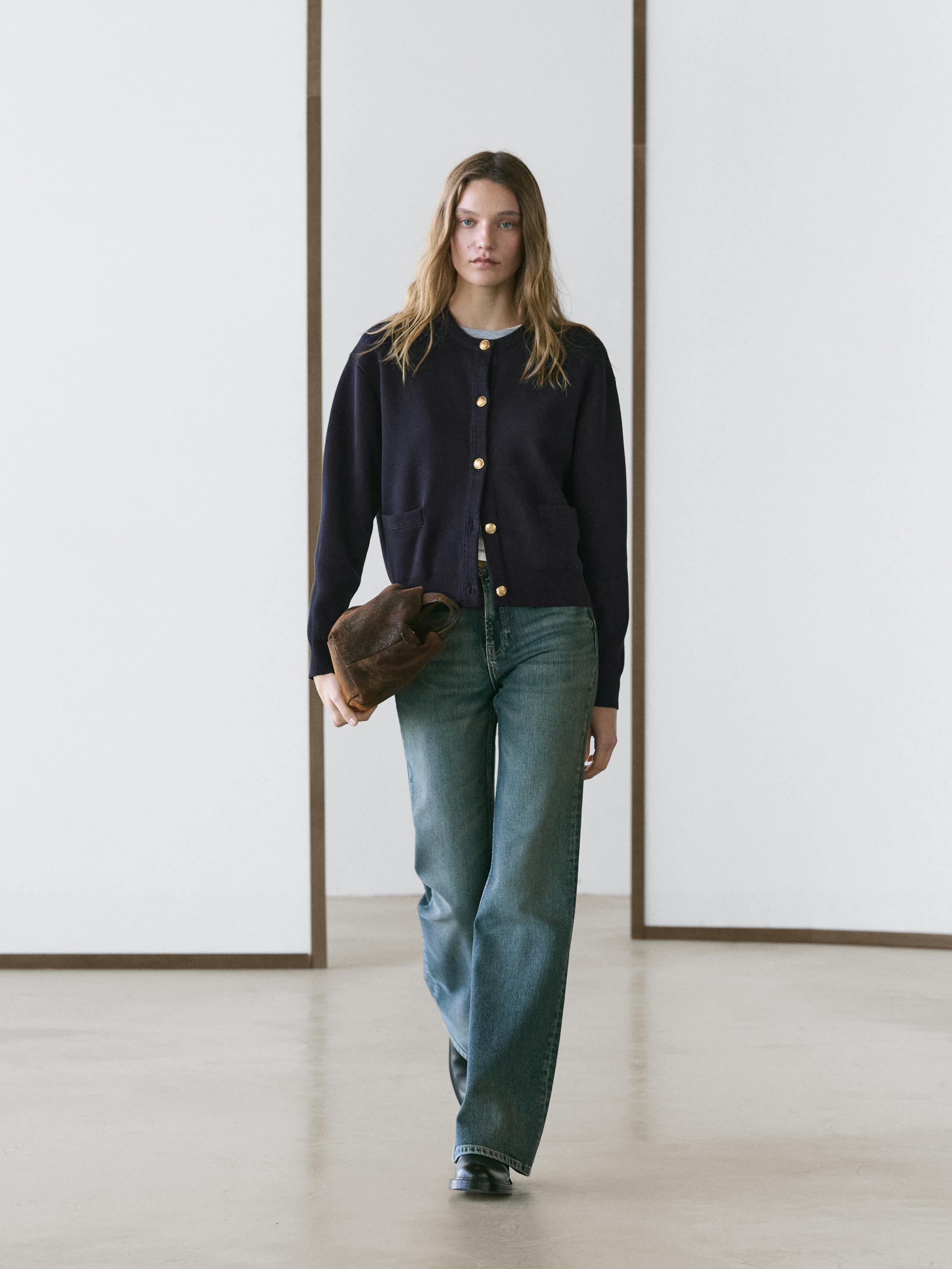 

Хлопковый вязаный кардиган с золотыми пуговицами Massimo Dutti, navy blue