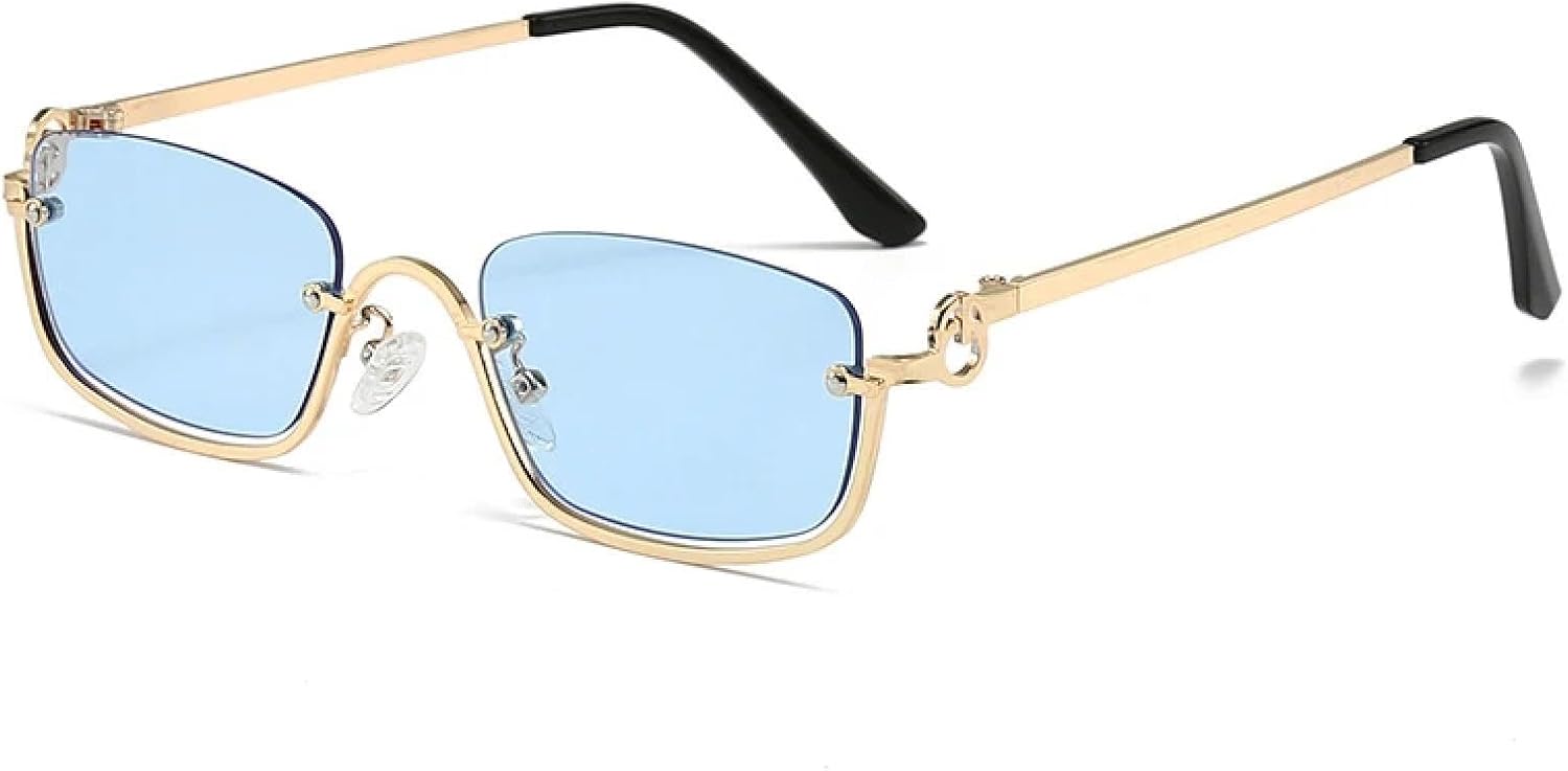 

Модные черные прямоугольные солнцезащитные очки для женщин, металлические полуободковые солнцезащитные очки, винтажные маленькие солнцезащитные очки для мужчин и женщин TKKTLLT, Gold Blue