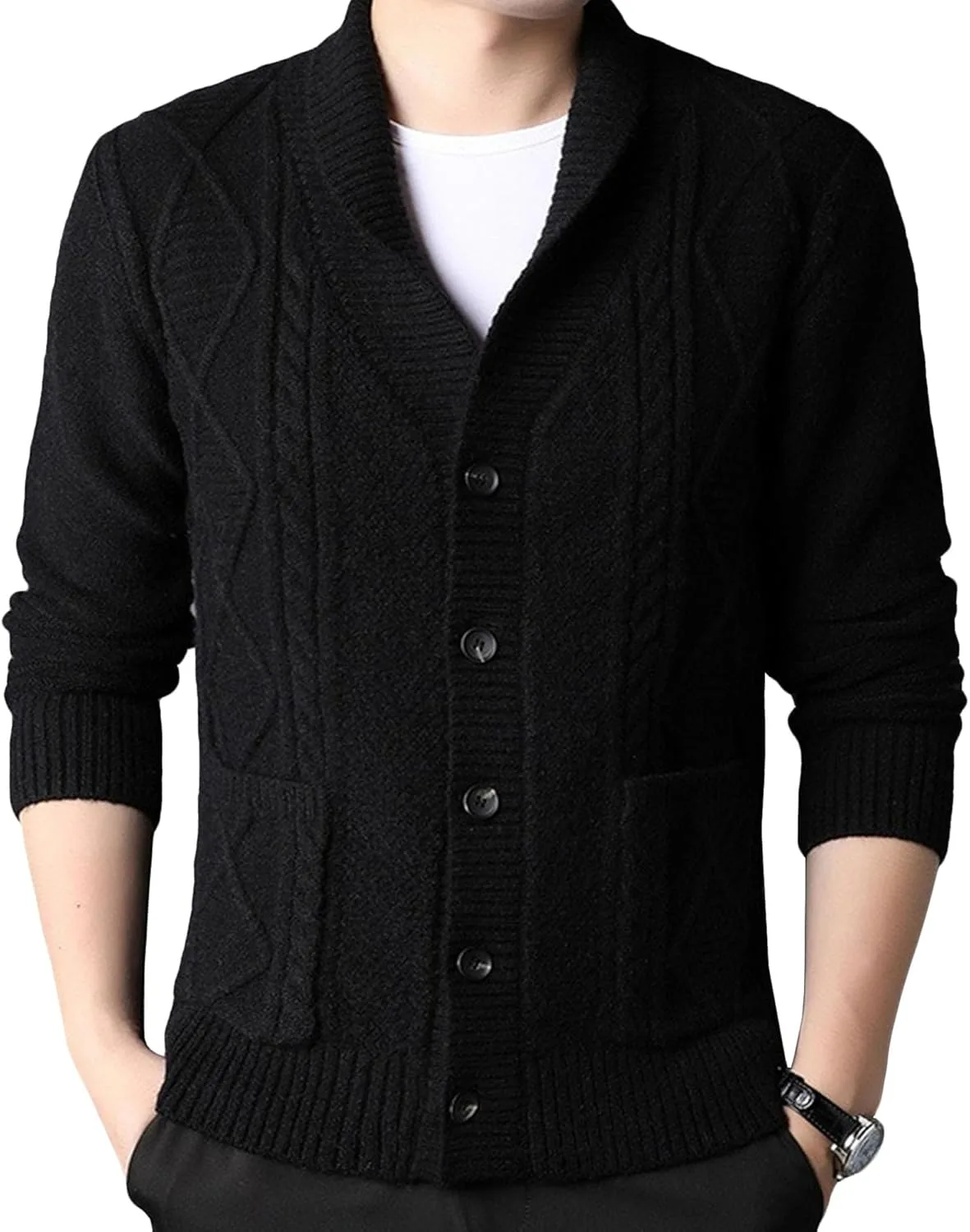 

Мужской кардиган с воротником-шалью, длинный рукав, кабельная вязка, с карманами DGHM-JLMY