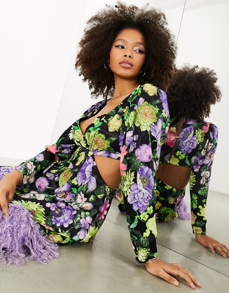 

Атласное платье миди ASOS EDITION с вырезом на спине и ярким цветочным принтом