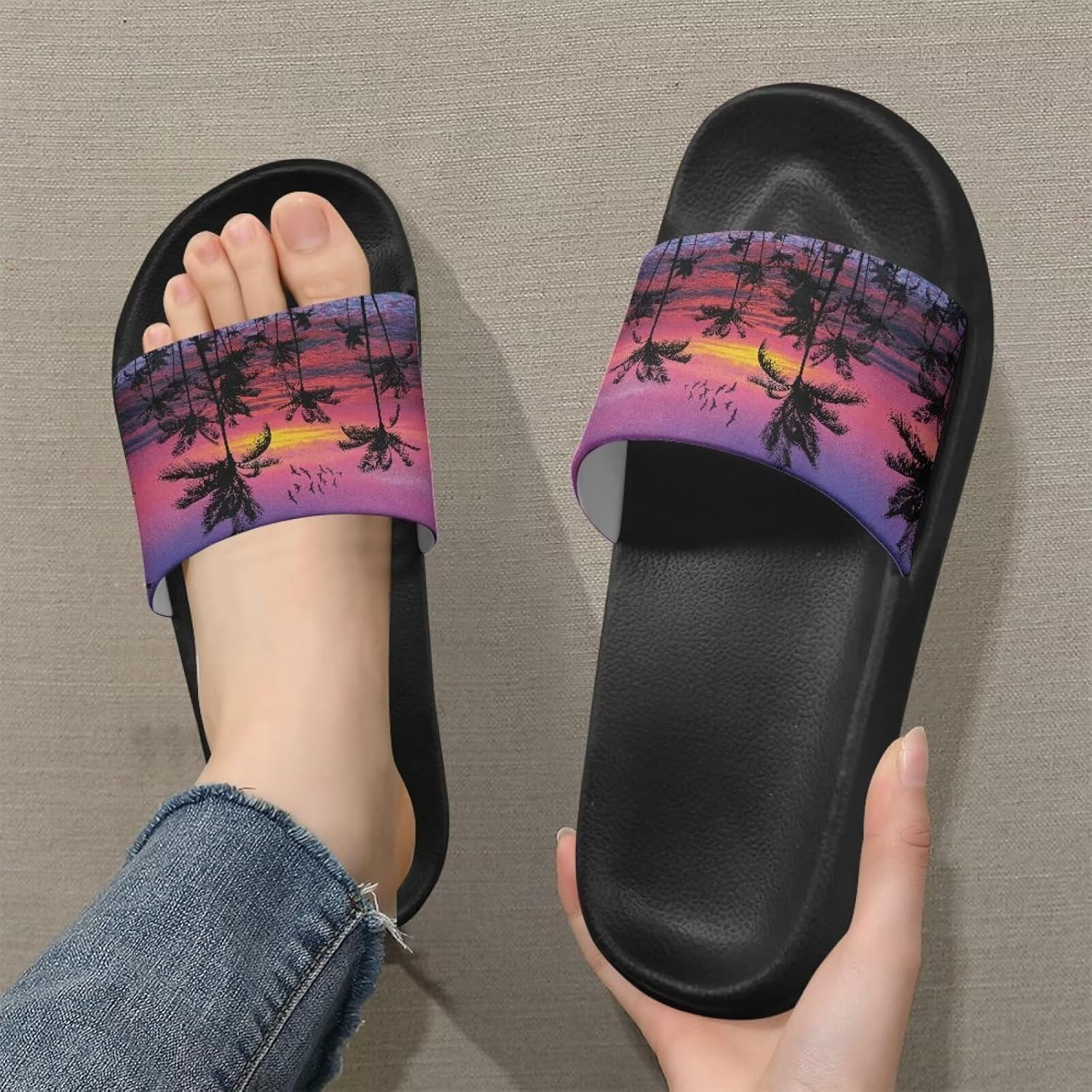 Тапочки для женщин и мужчин, нескользящие, быстросохнущие, для душа, сандалии для ванной комнаты, плоские сандалии из ЭВА Hechitok, Palm Tree Sunset — фото 2