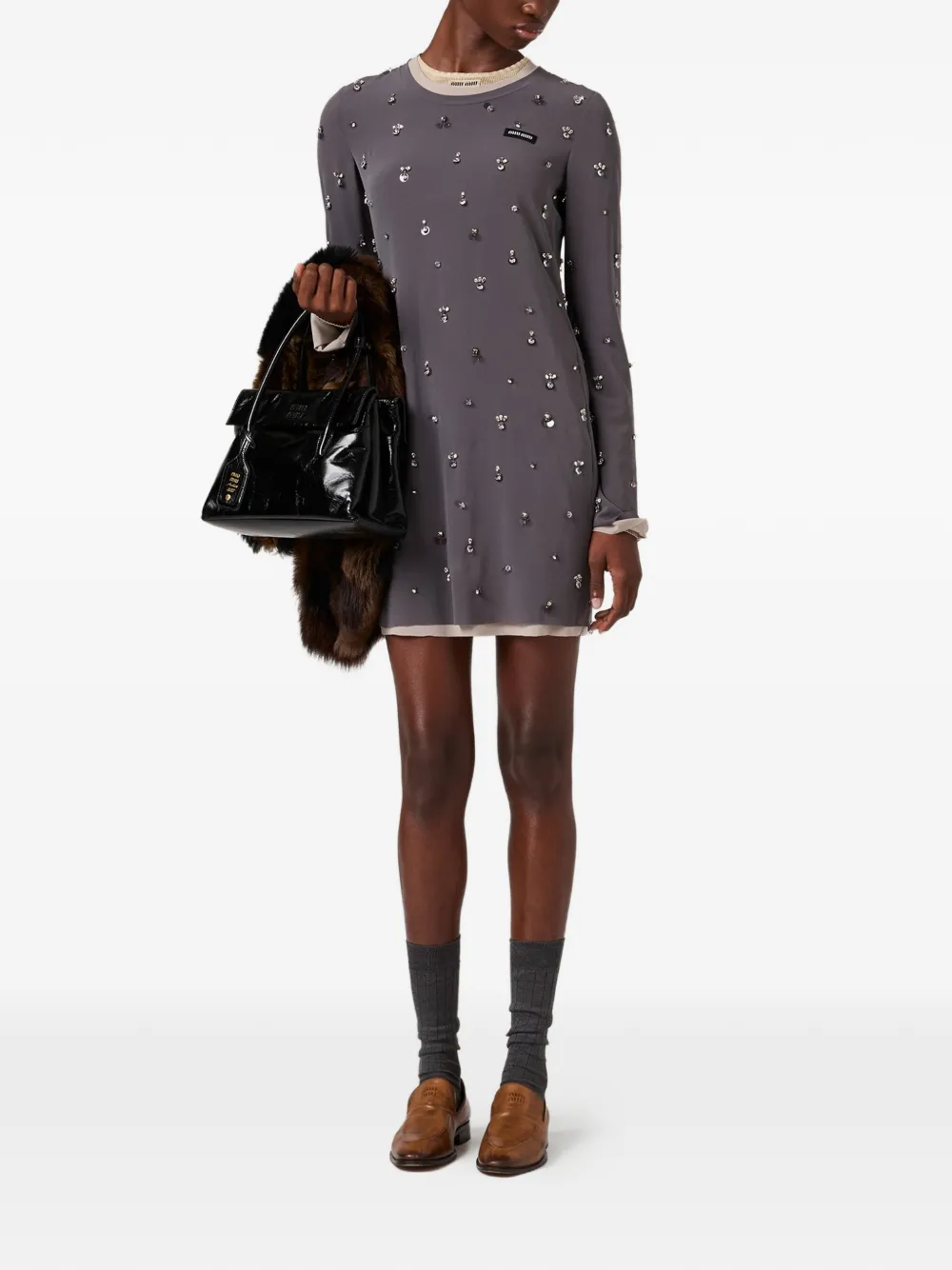Вышитое мини-платье с длинными рукавами Miu Miu, серый — фото 2