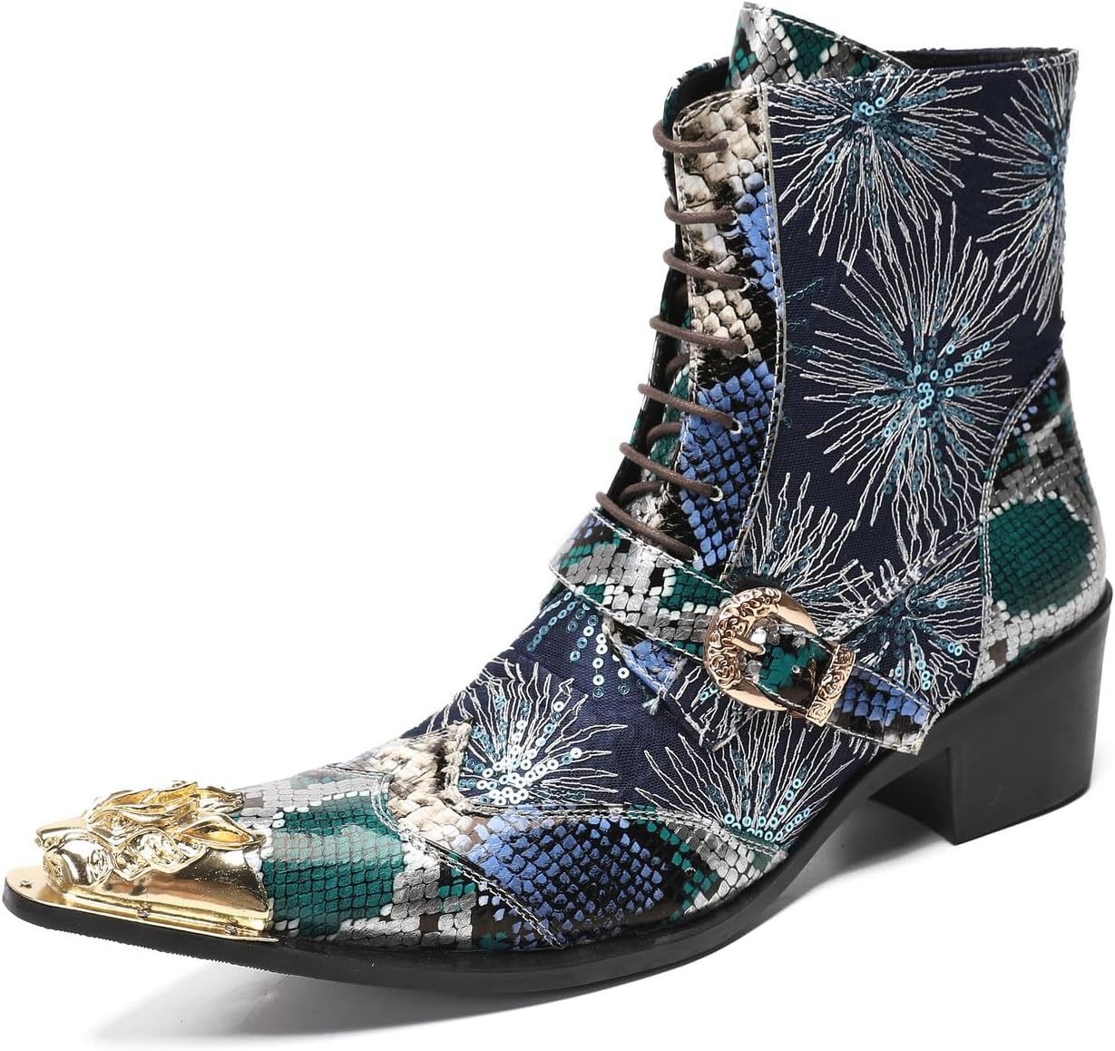 

Мужские повседневные ковбойские ботинки Santimon Mens Dress Casual Western - ботинки средней высоты из натуральной кожи с блестками и металлическим носком в форме крыльев для бальной или диско-вечеринки, темно-синий