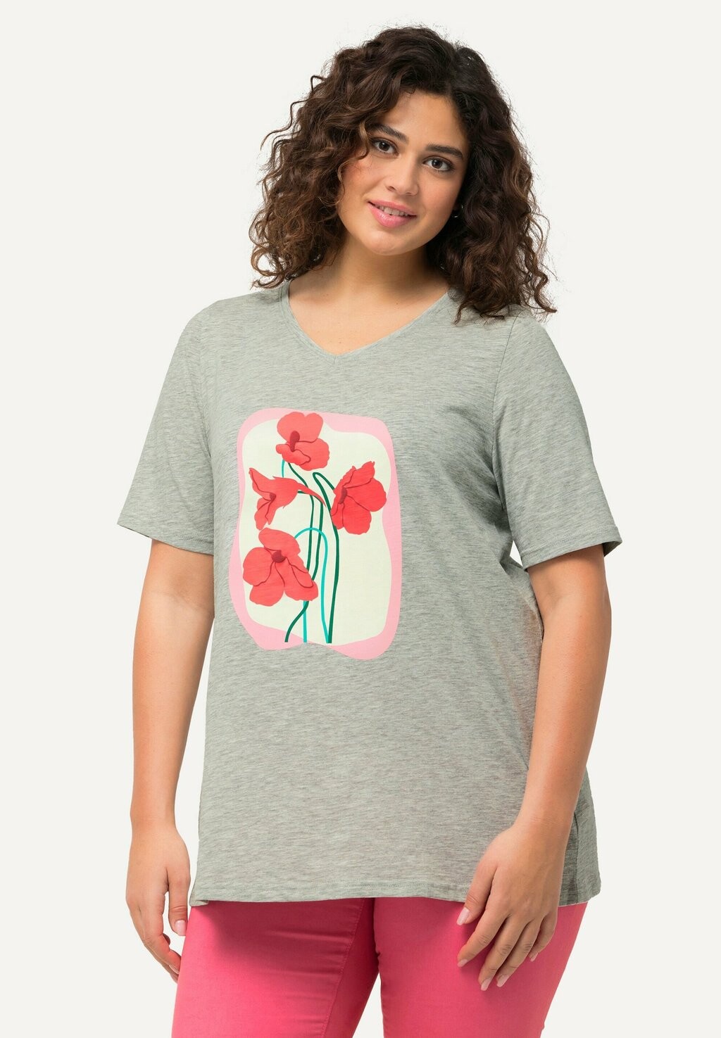 

Футболка с принтом FLOWER GRAPHIC V-NECK Ulla Popken, цвет Mottled Light Grey