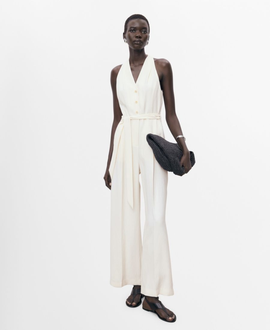 

Женский комбинезон с поясом и завязками на шее MANGO, Ecru