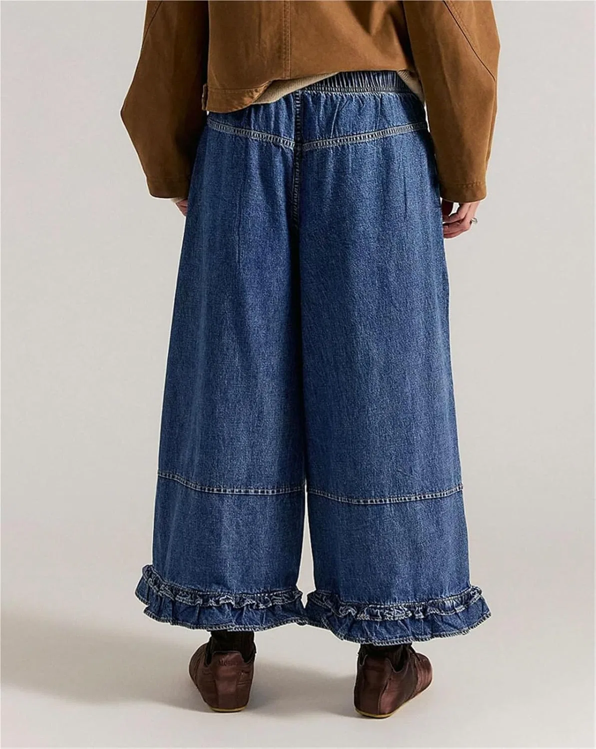Джинсы с рюшами, широкие, High Waisted Elastic Denim Pants with Pockets, Dark Blue — фото 2