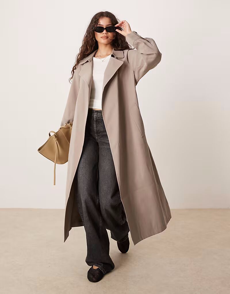 

Тренчкот ASOS DESIGN грибно-коричневого цвета с воротником-водопадом