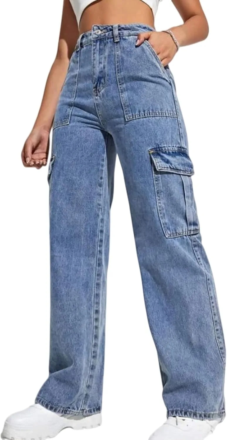 

Женские джинсы-карго с высокой талией, широкие, с накладными карманами KAJXZ