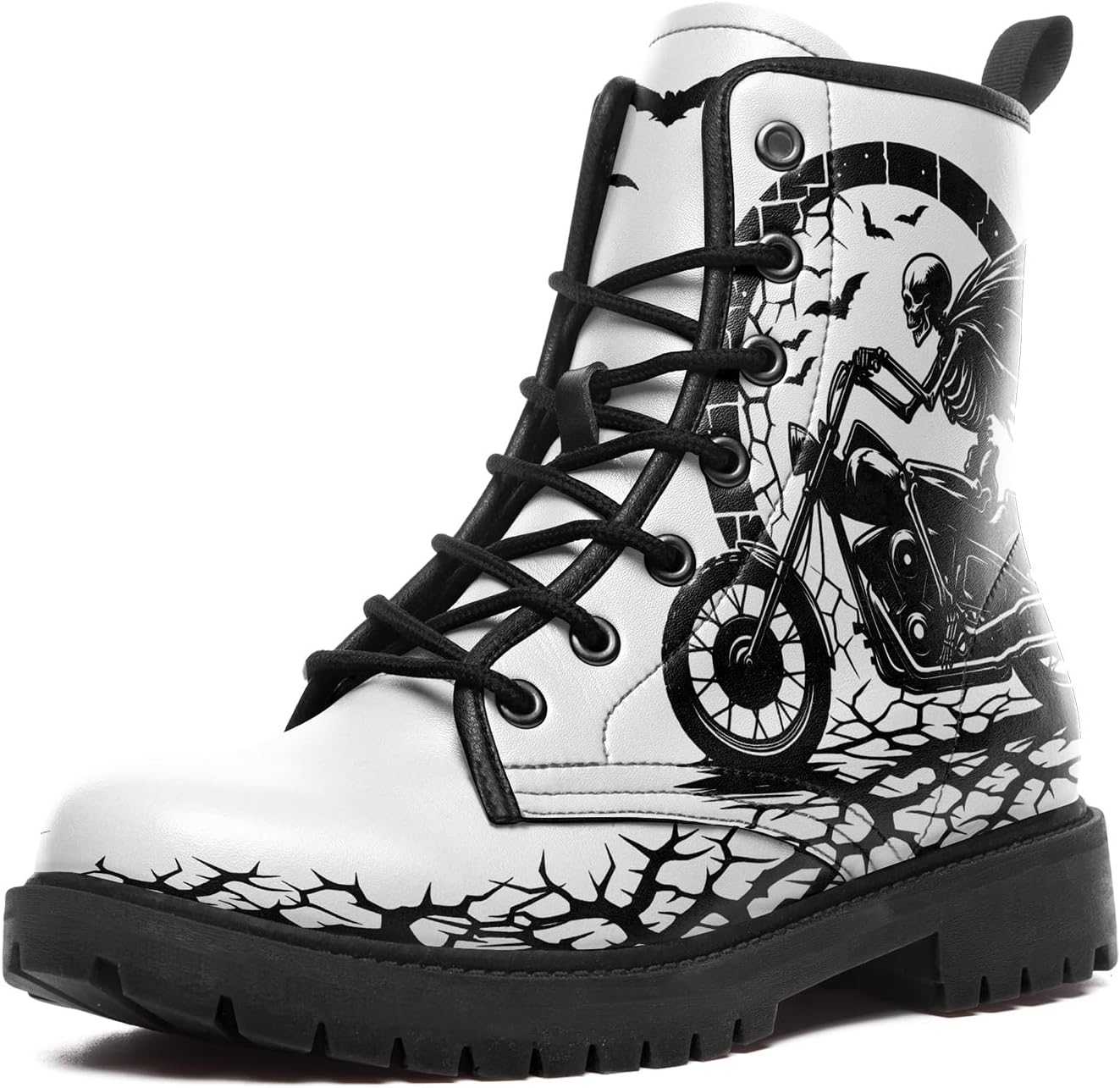 

Мужские мотоциклетные боевые ботинки, панк-рок готические ботинки с черепами для женщин, противоскользящие с мягкой подкладкой, из искусственной кожи, на массивной платформе Awsole, белый/черный