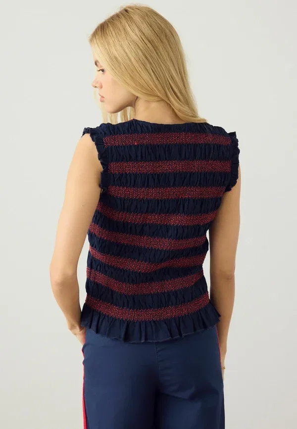 Блуза Regular fit shirred sleeveless button through top Next, темно-синий с красной полоской — фото 2