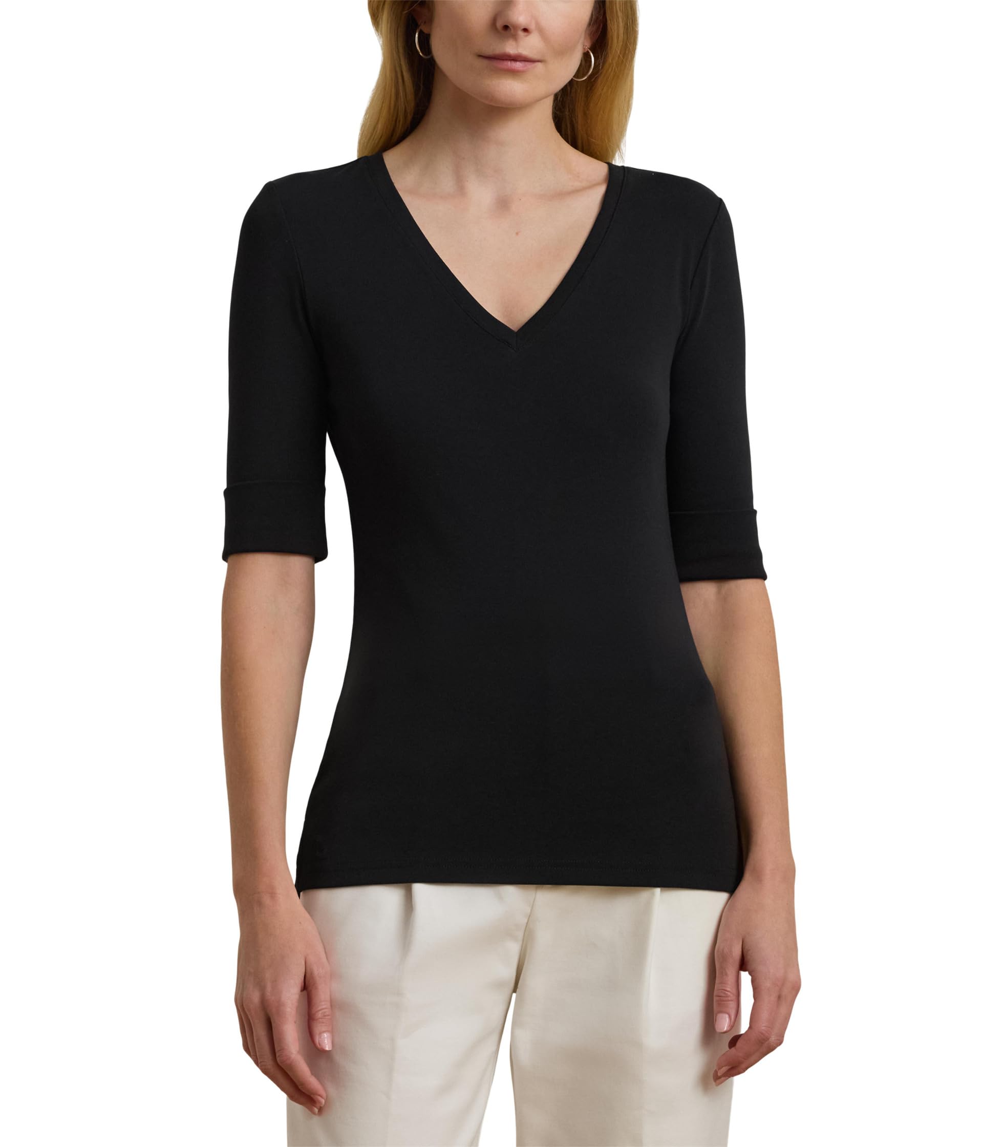 

Футболка Lauren Ralph Lauren Stretch Cotton Elbow-Sleeve V-Neck Tee, черный