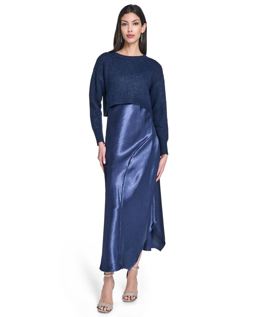 

Женское платье-комбинация с круглым вырезом и свитером Vince Camuto, Navy Multi