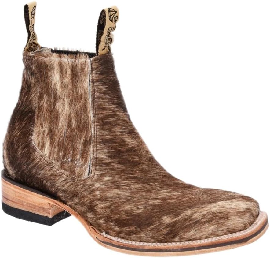 

Мужские короткие ботинки челси вестерн с квадратным носком из натуральной коровьей шерсти на коже коровы - бело-коричневые Generic