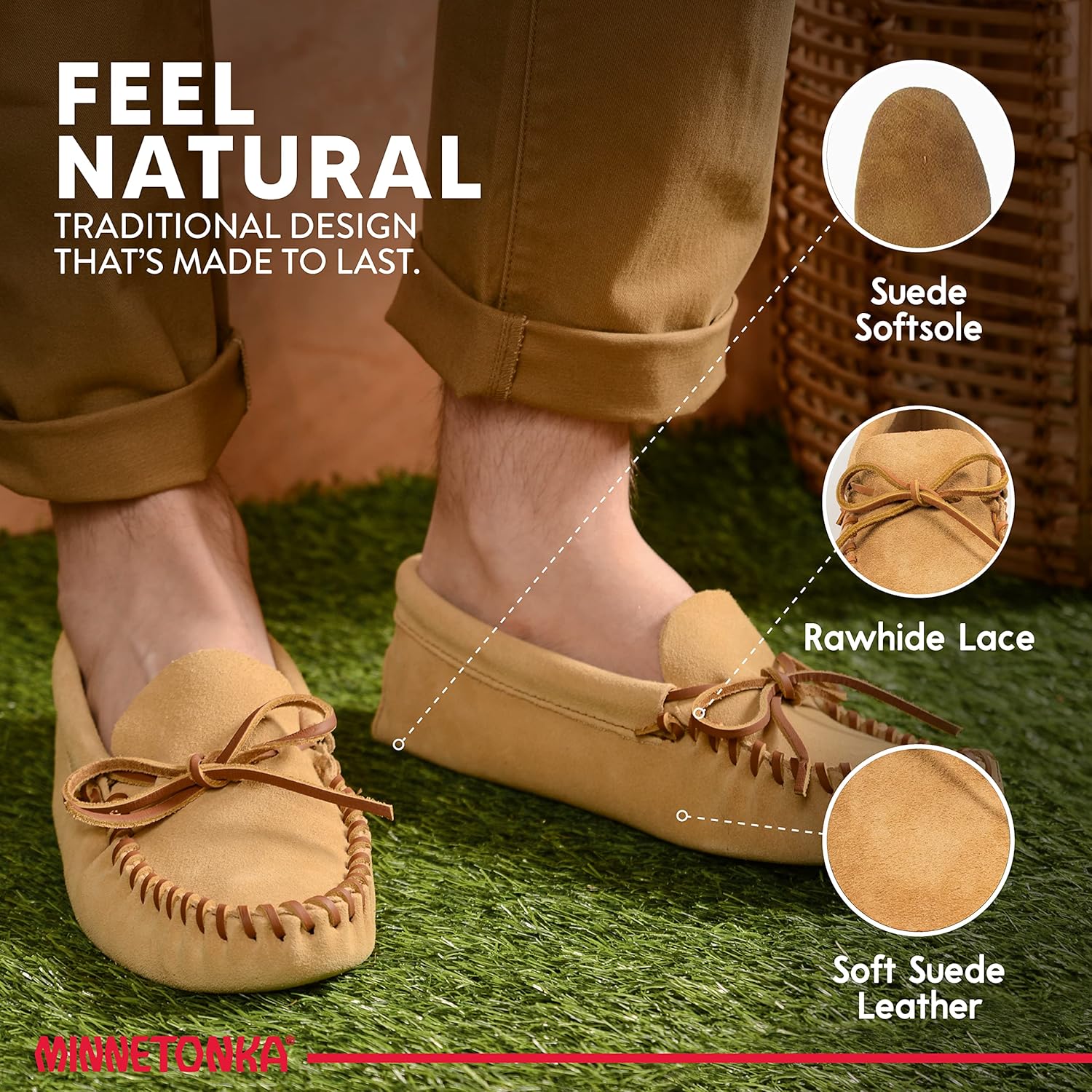 Мокасины Minnetonka для мужчин из мягкой кожи с кожаной подошвой и шнуровкой, Tan — фото 3