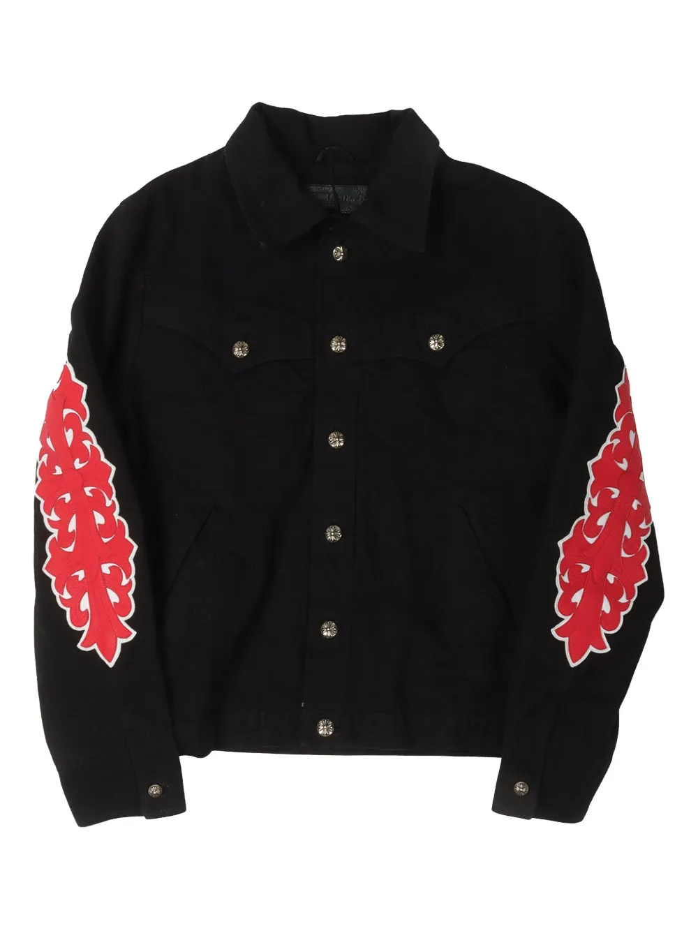 

Джинсовая куртка с цветочной крестообразной аппликацией Chrome Hearts, черный