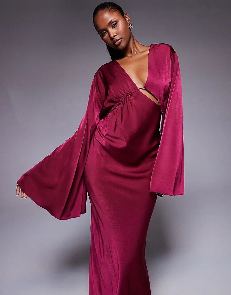 

Платье макси из атласа ASOS DESIGN с асимметричным вырезом, длинными рукавами и отделкой в виде каналов ягодного цвета