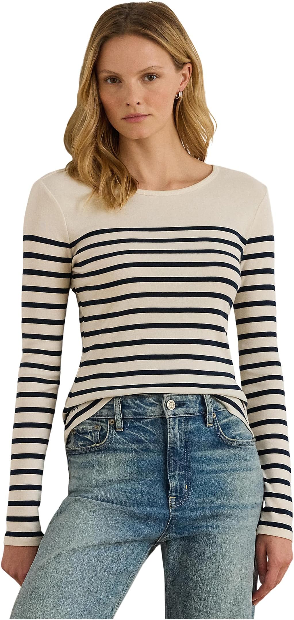 

Футболка Lauren Ralph Lauren Petite Striped Cotton Long-Sleeve Tee, цвет Mascarpone Cream/Lauren Navy