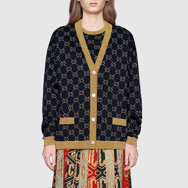 Свитер ss21 cotton gold silver v neck cardigan wool sweater blue Gucci, синий — фото 2