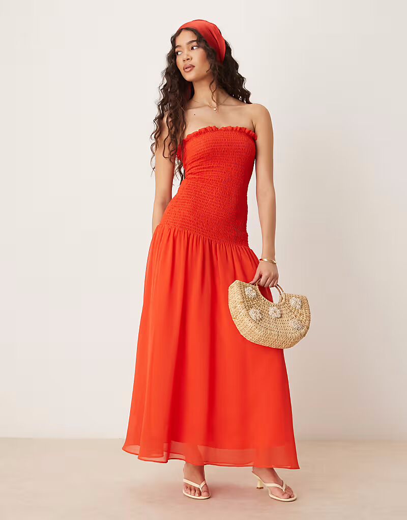 

Платье макси из шифона с заниженной талией и сборками ASOS DESIGN красного цвета
