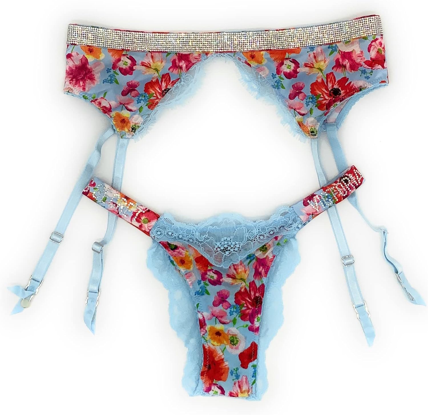 

Victoria's Secret Bombshell Shine Strap бразильские трусики и подвязка, Blue Floral