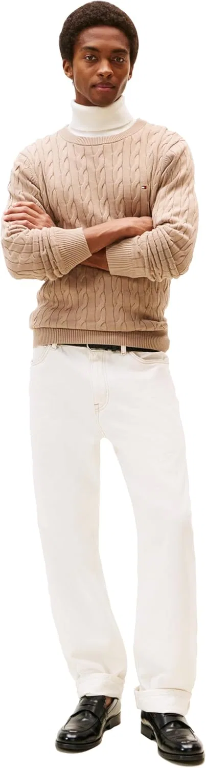 Tommy Hilfiger мужской легкий свитер с косой вязкой, Coastal Taupe — фото 3
