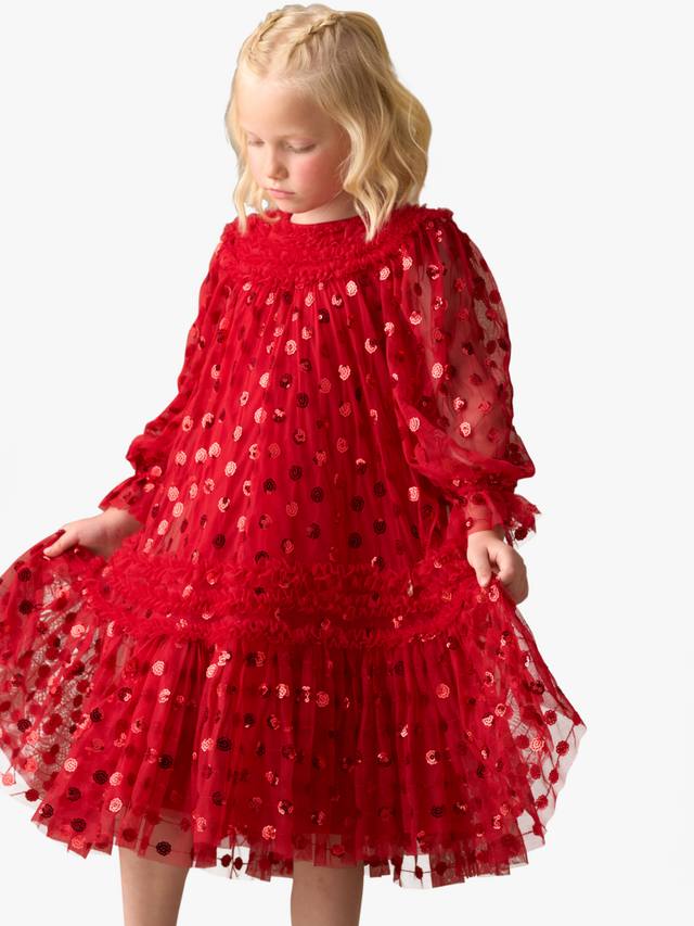 

Детское платье с длинными рукавами и рюшами из сетки Angel & Rocket, Red