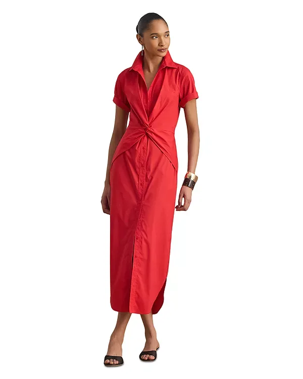 Платье-Рубашка из смесовой хлопковой ткани с перекрученным передом Ralph Lauren, Red