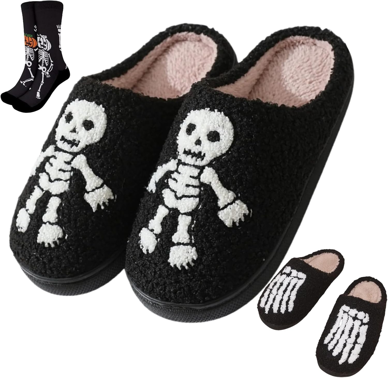 

Тапочки и носки с костями на Хэллоуин для женщин и мужчин, череп, страшный праздник, мягкие домашние, с противоскользящей подошвой, плюшевые, мультяшный подарок Elirar, Skeleton