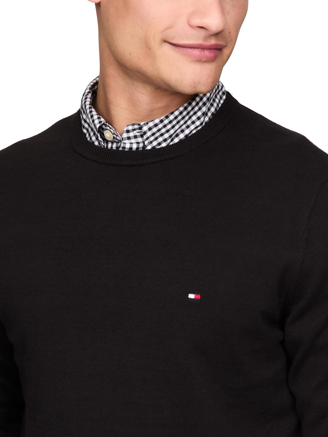 Мужской хлопковый однотонный свитер с круглым вырезом Tommy Hilfiger, легкий пуловер, также доступен в размерах для больших и высоких женщин., Black — фото 2