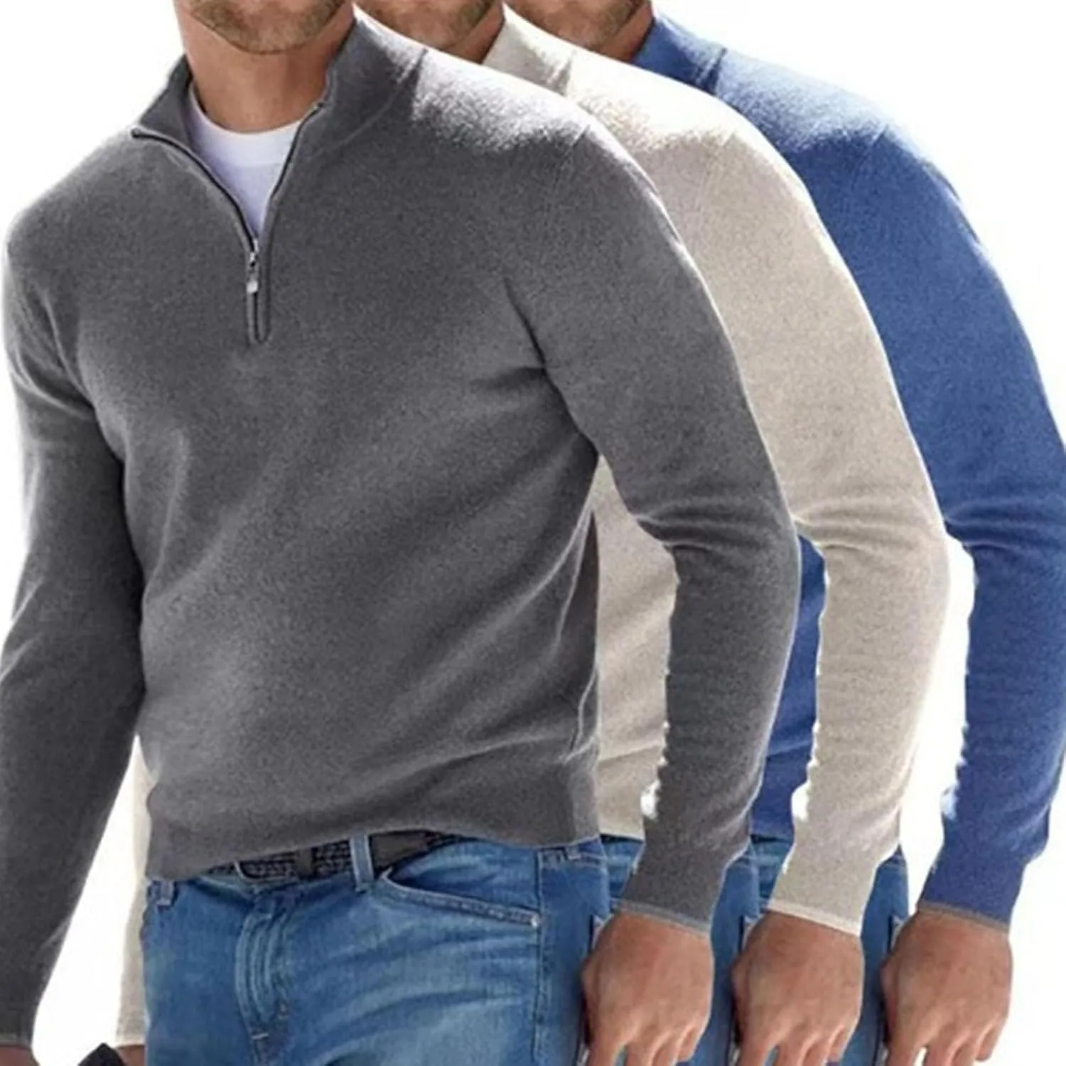 Мужской свитер с четвертью молнии, Slim Fit легкий воротник-стойка — фото 3