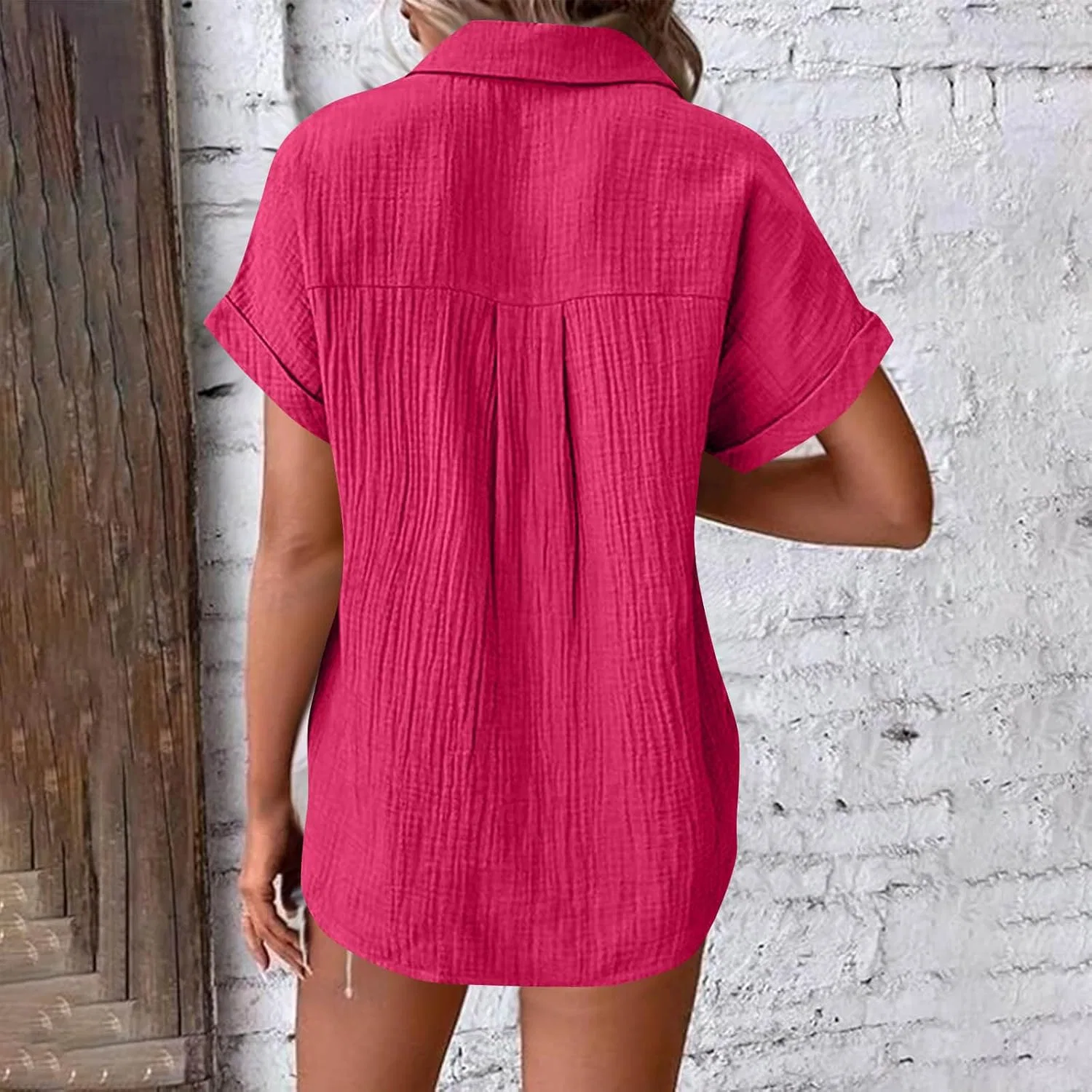 Блуза с коротким рукавом, отложным воротником, фактурная, с карманами, hot Pink — фото 3