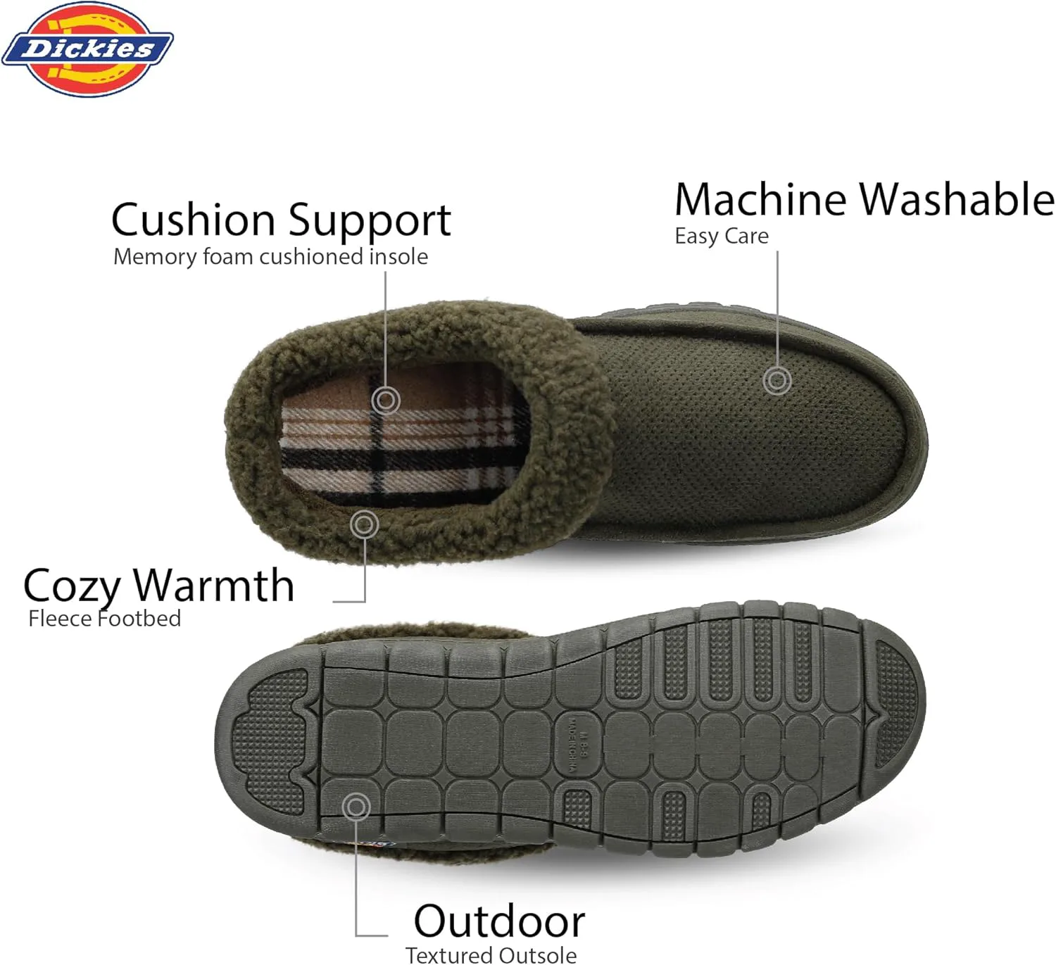 Тапочки Dickies с открытой и закрытой пяткой из пены с эффектом памяти, подошва для использования дома и на улице, оливковый — фото 3