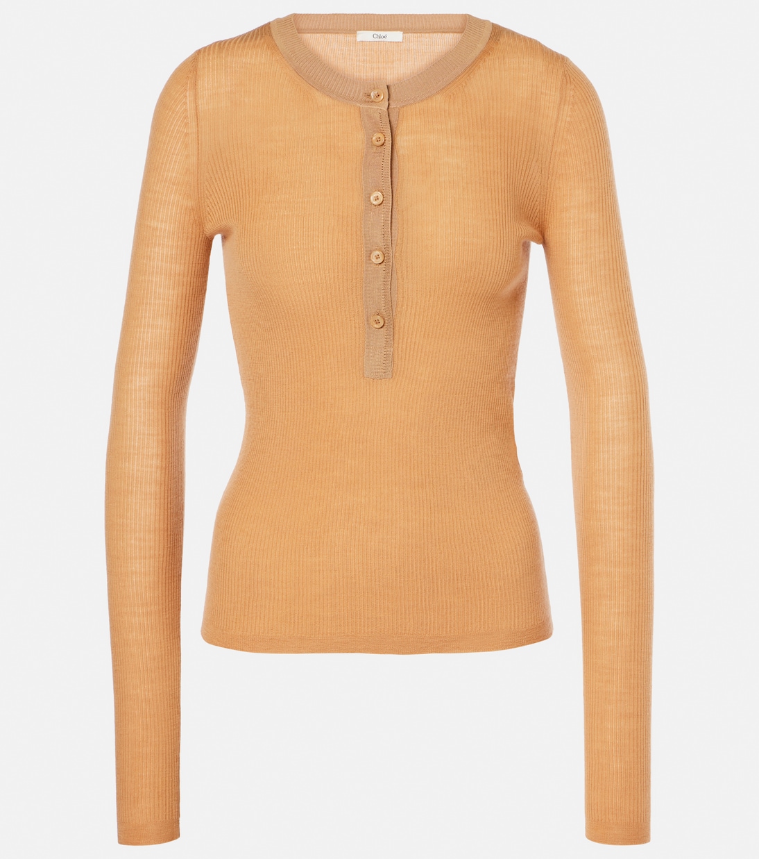 

Рубашка хенли из шерсти в рубчик Chloé, Tan Apricot