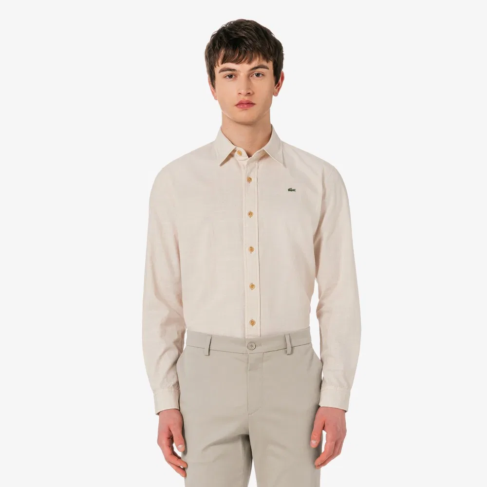 Мужская бежевая рубашка из шамбре от Lacoste — фото 4