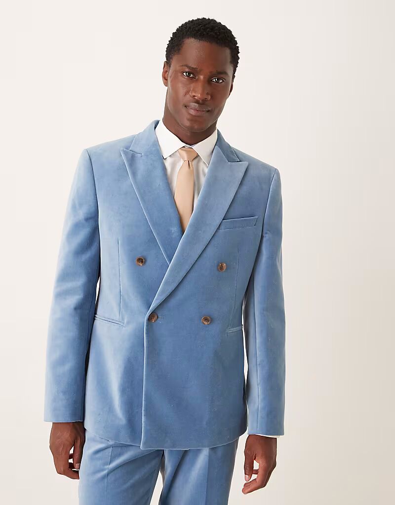 

Двубортный пиджак из светло-голубого хлопкового бархата Asos Design