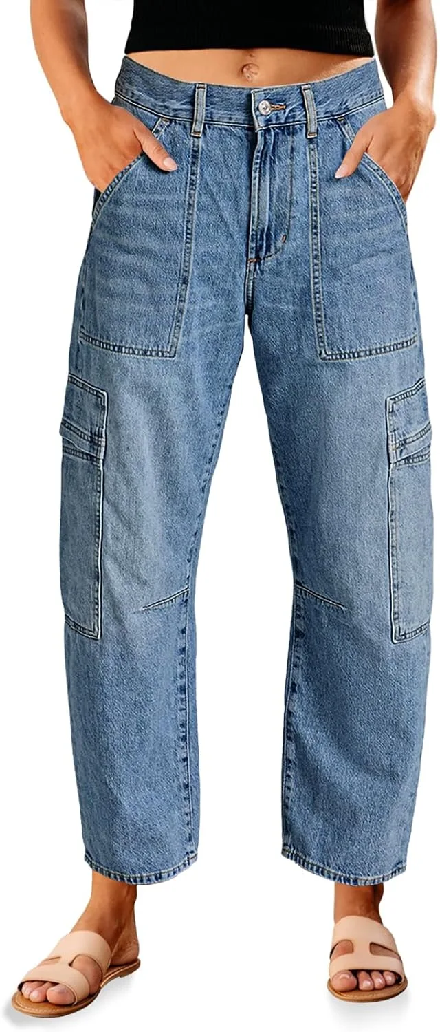 

PLNOTME женские джинсы-карго с высокой талией и 6 карманами