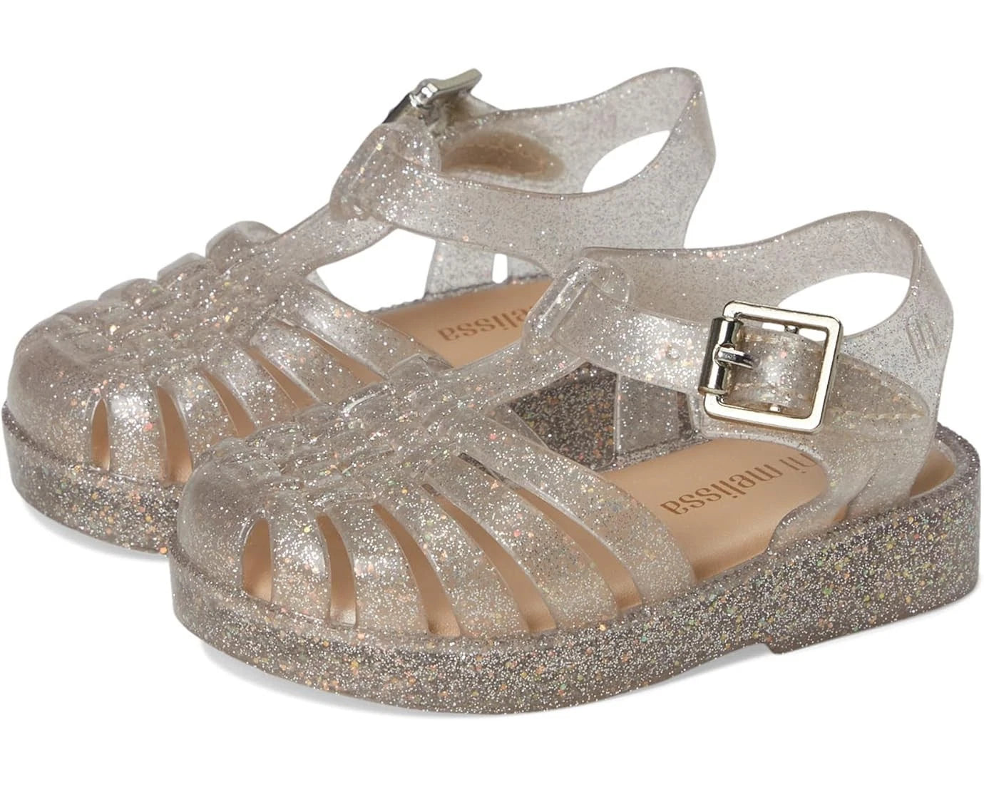 

Mini Melissa Мини-сандалии Melissa Possession Shiny BB для девочек, бежевые с блестками и вырезами, модель ZOGG1859