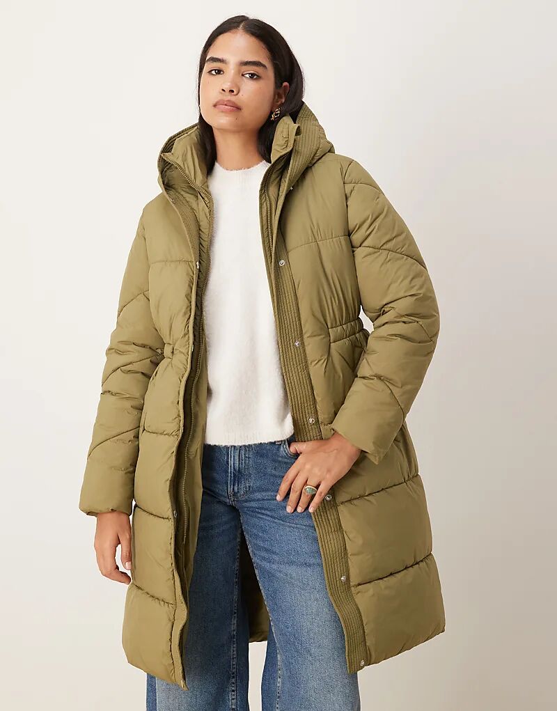 

Удлиненный пуховик JDY с застежкой на талии зеленого цвета