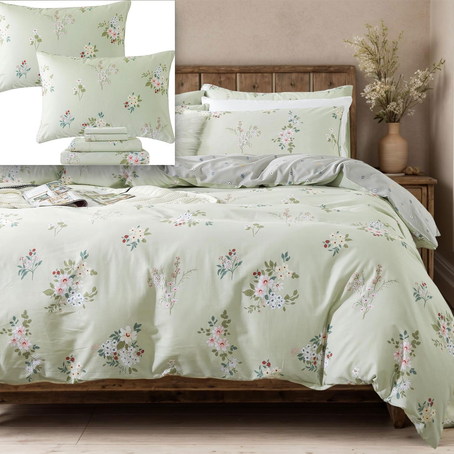 

FADFAY Комплект постельного белья из 100% хлопка Twin XL из 7 предметов. Простыня Twin XL Sage Green Shabby Vintage Chic + пододеяльник