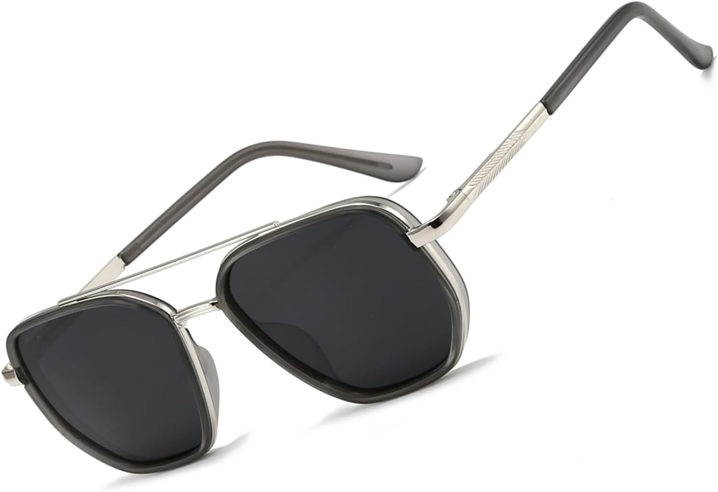 

Квадратные ретро-солнцезащитные очки-авиаторы для женщин. Модные женские солнцезащитные очки с поляризацией и защитой от УФ-излучения. Металлическая оправа, предотвращающая спутывание линз BOBUXLIIN, Silver Frame/Grey Lens