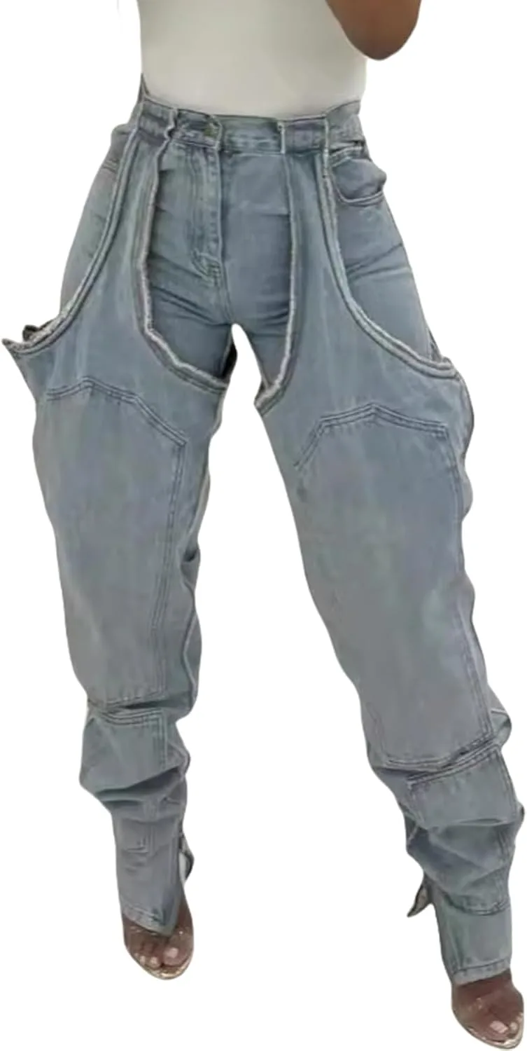 

Женские джинсы Vakkest в стиле Y2K: прямые широкие с прорезями и пачворком