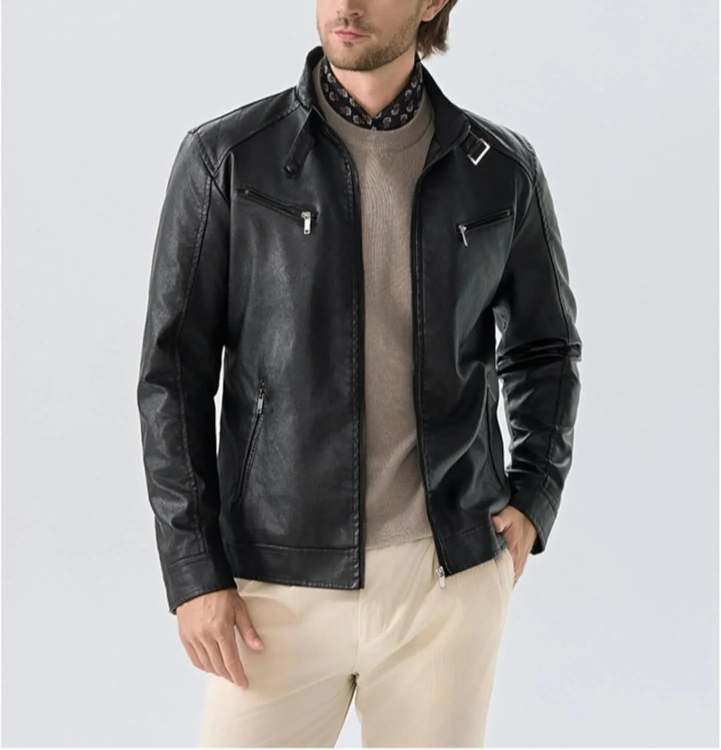 Куртка мужская в стиле мотоциклетной, Premium Faux Leather, с несколькими карманами на молнии и приталенным силуэтом Generic, черный — фото 3