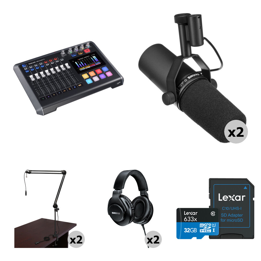 

Комплект студии подкаста TASCAM Mixcast для 2 человек с микрофонами Shure SM7B