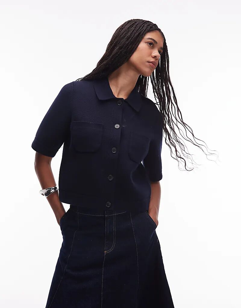 

Кардиган ARKET с короткими рукавами, плотный трикотажный жакет темно-синего цвета